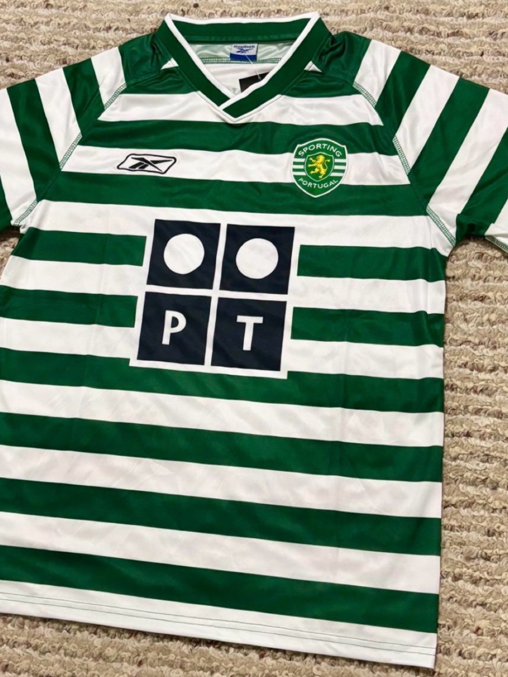 Sporting CP Green and White Striped Soccer Jersey with Club Crest